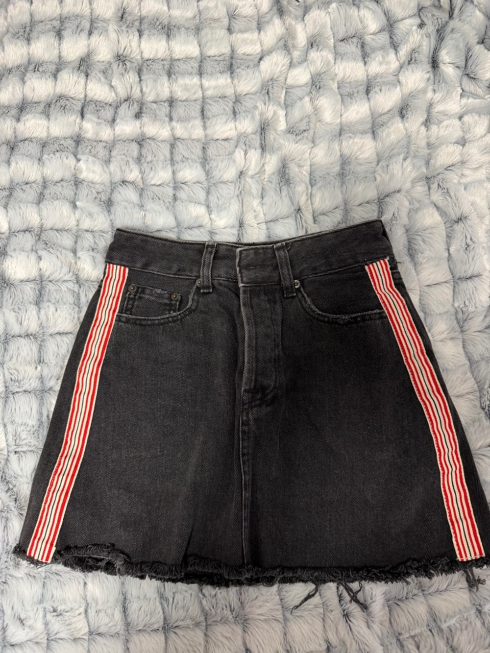 Black Denim Mini High Waisted Skirt with Red & White Side Stripes